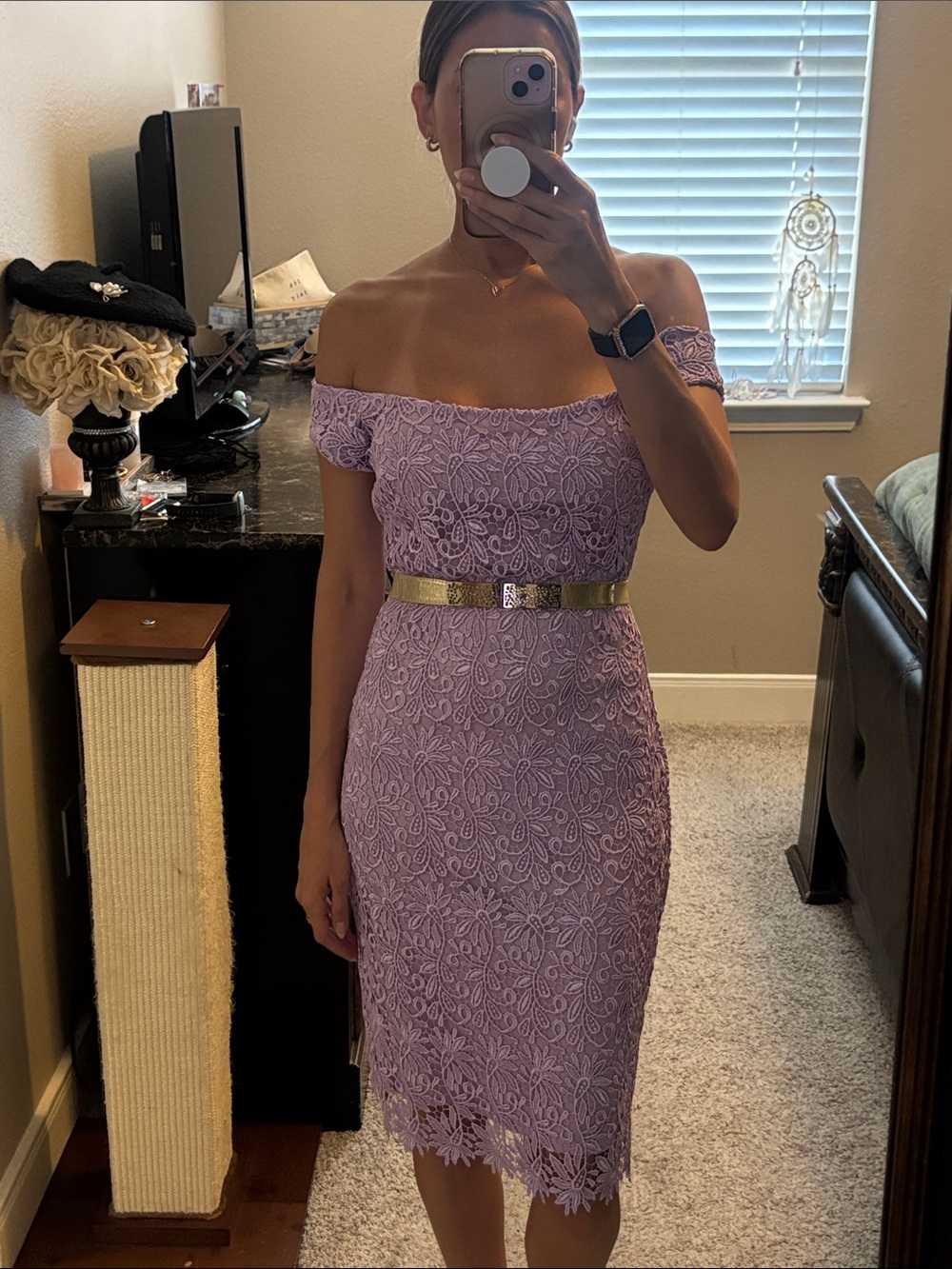 Rubber Ducky Productions, Inc. Lavender Off-Shoulder Lace Midi Dress